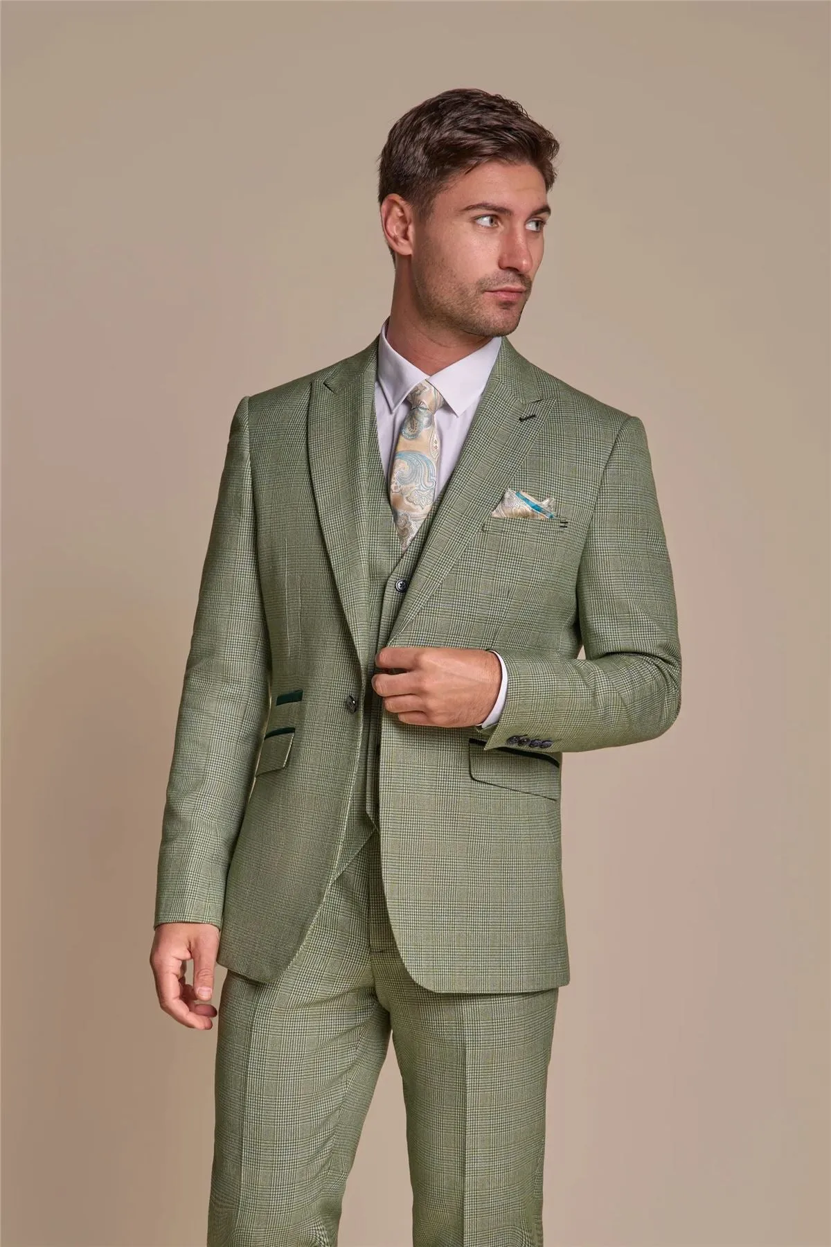 Men's Suit Sage Green 3 Piece Checked Tailored Fit Formal Dress