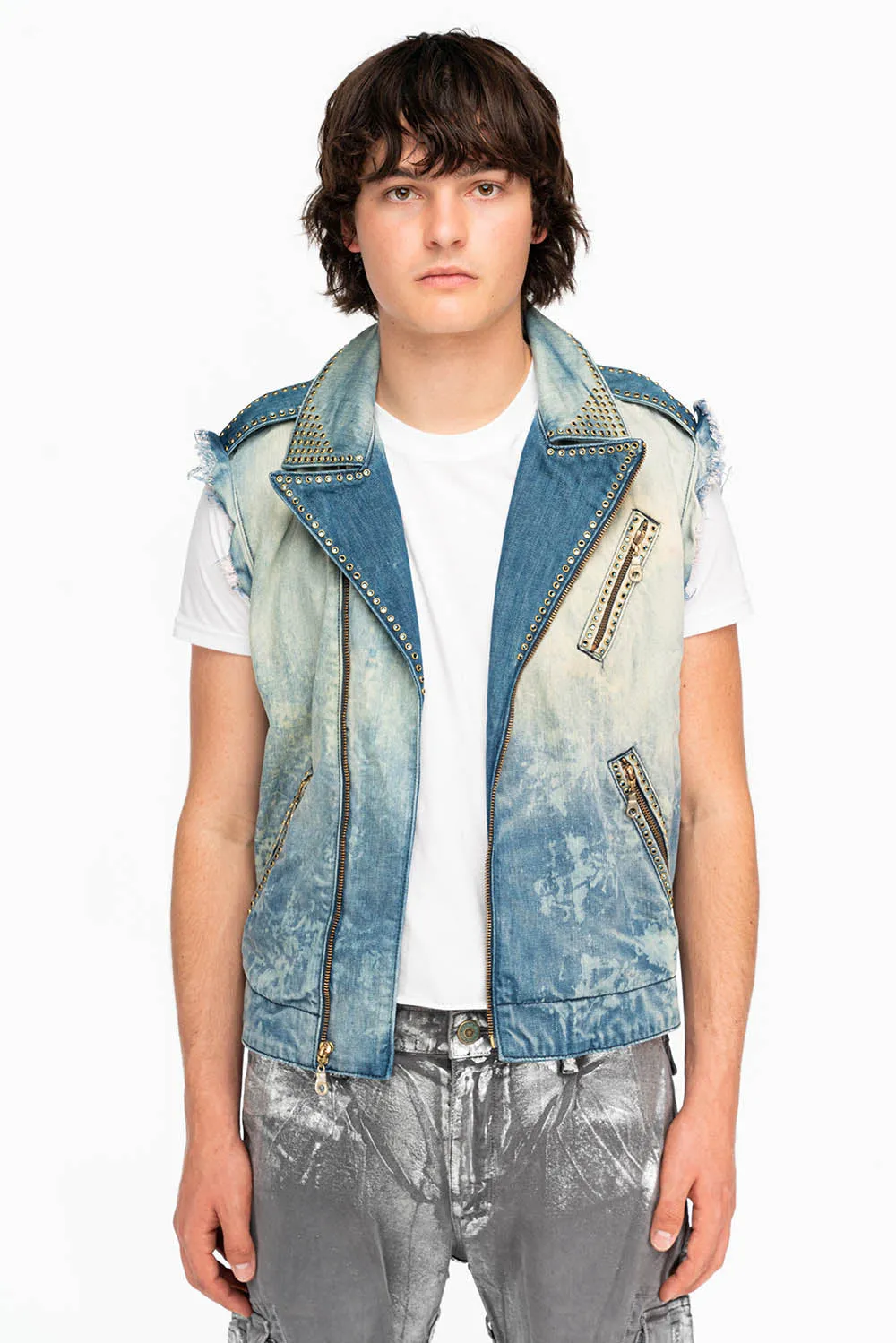 RAW EDGE BIKER VEST IN VINTAGE BLUE WITH CRYSTALS