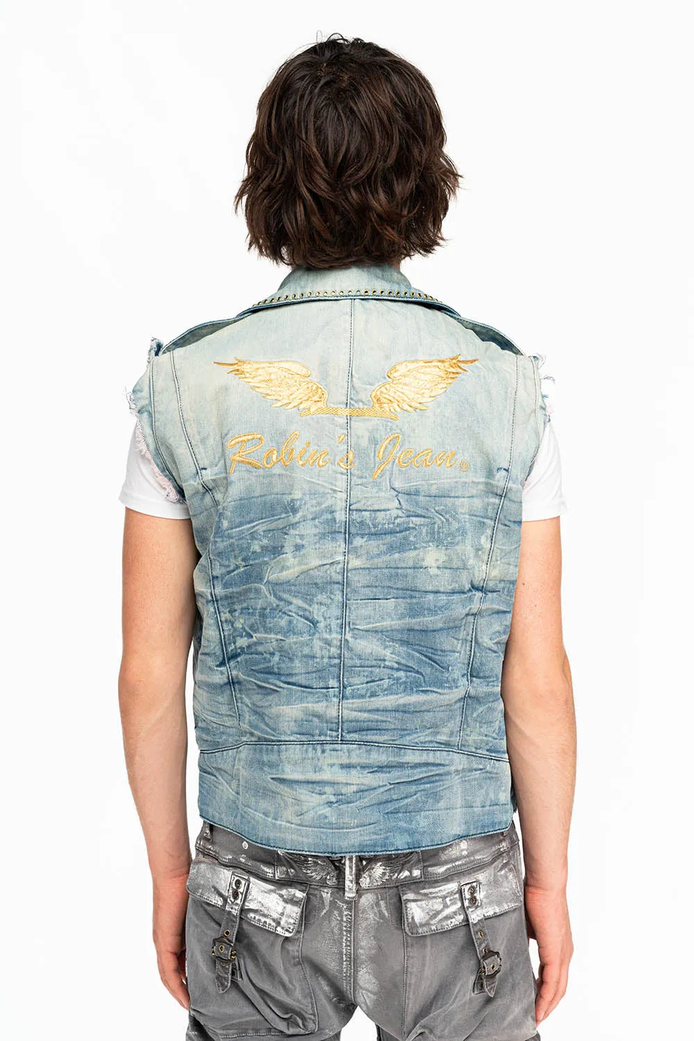 RAW EDGE BIKER VEST IN VINTAGE BLUE WITH CRYSTALS