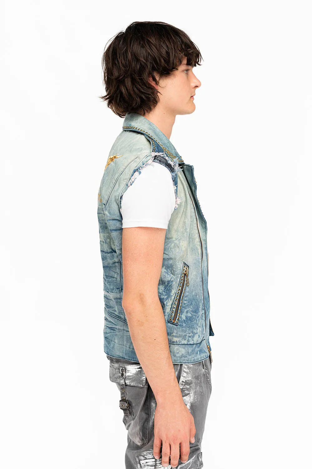 RAW EDGE BIKER VEST IN VINTAGE BLUE WITH CRYSTALS