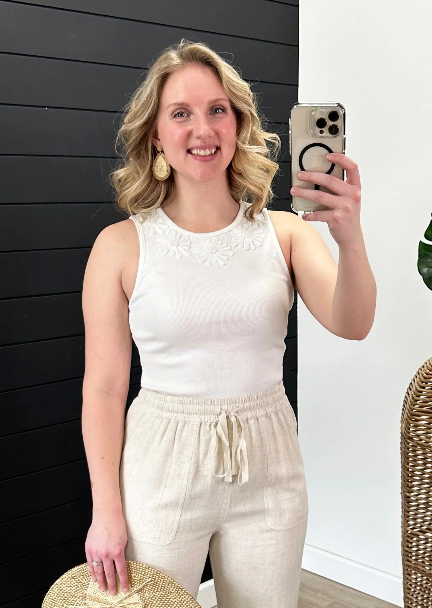 White Stitched Flowers Ribbed Tank